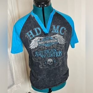 Harley Davidson, black and turquoise, V-neck T-shirt, the Woodlands, TX - medium